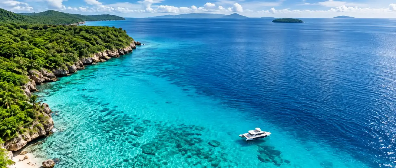 A rocky wooded shore with a reef shelf, a catamaran on the water