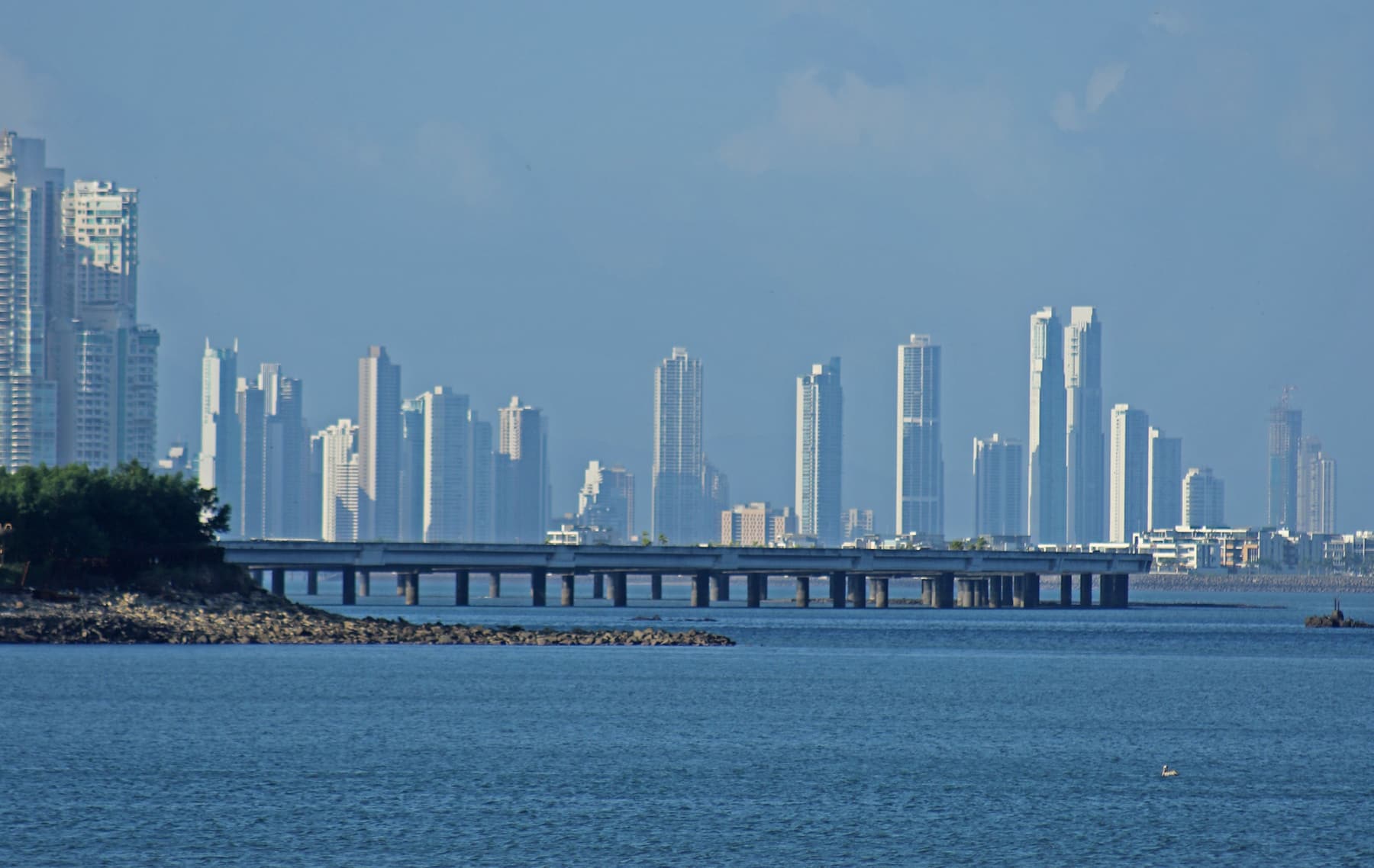 The bridge across the bay and the city skyline