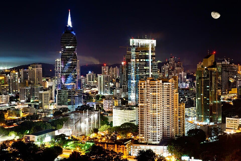 Panama City skyscrapers at night