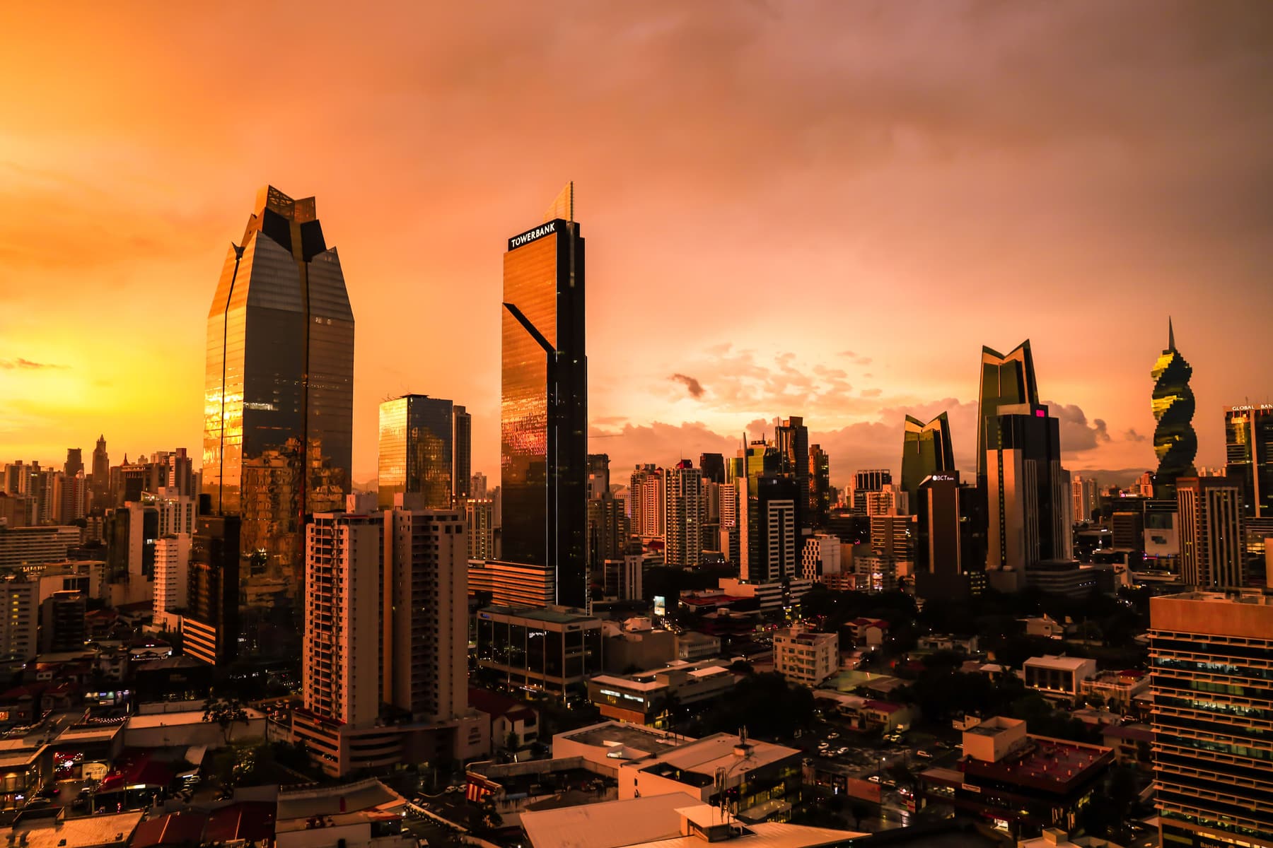 Skyscrapers of the business district at sunset