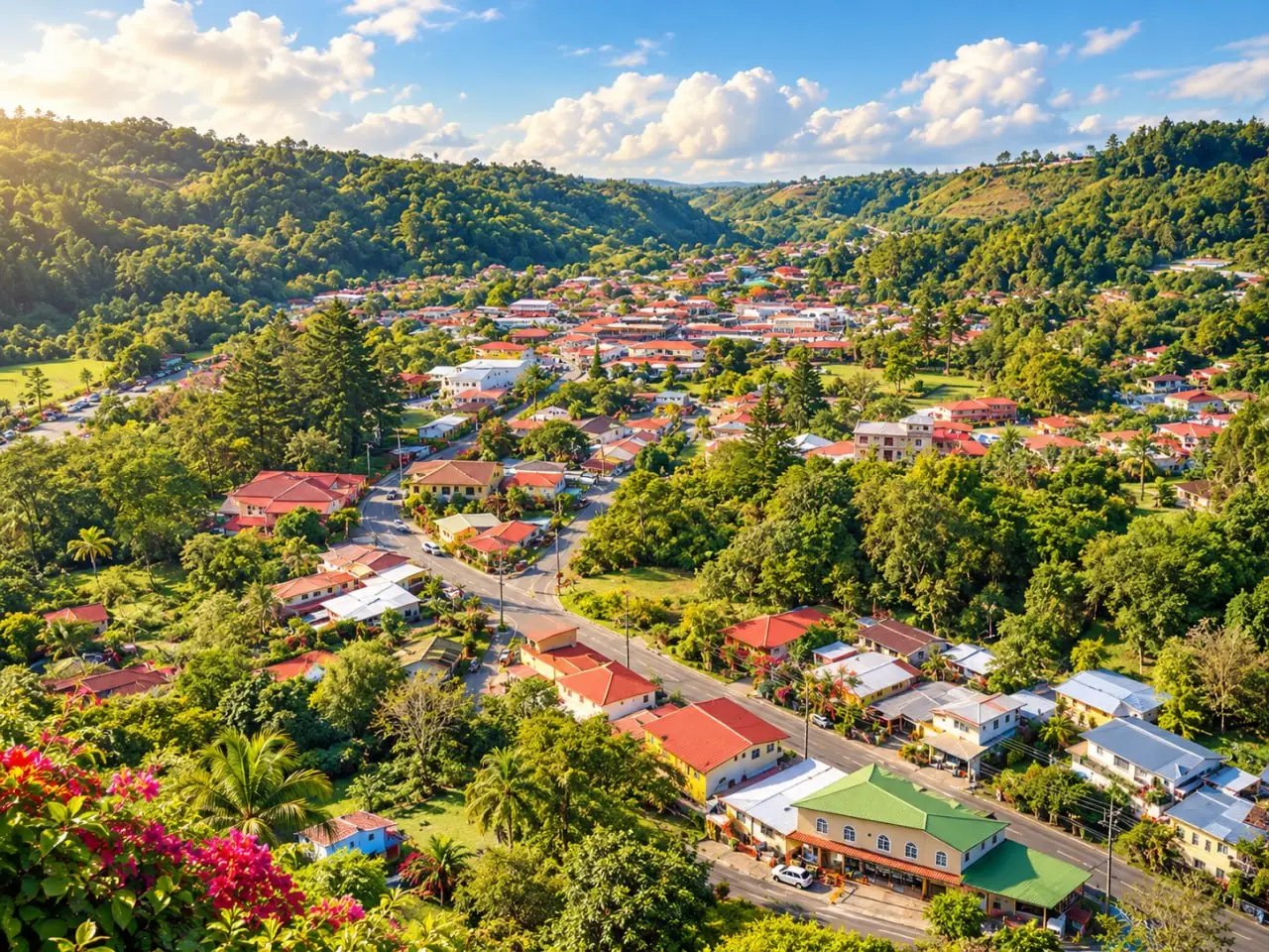 The main street of a mountain town from above, bougainvillea in the foreground