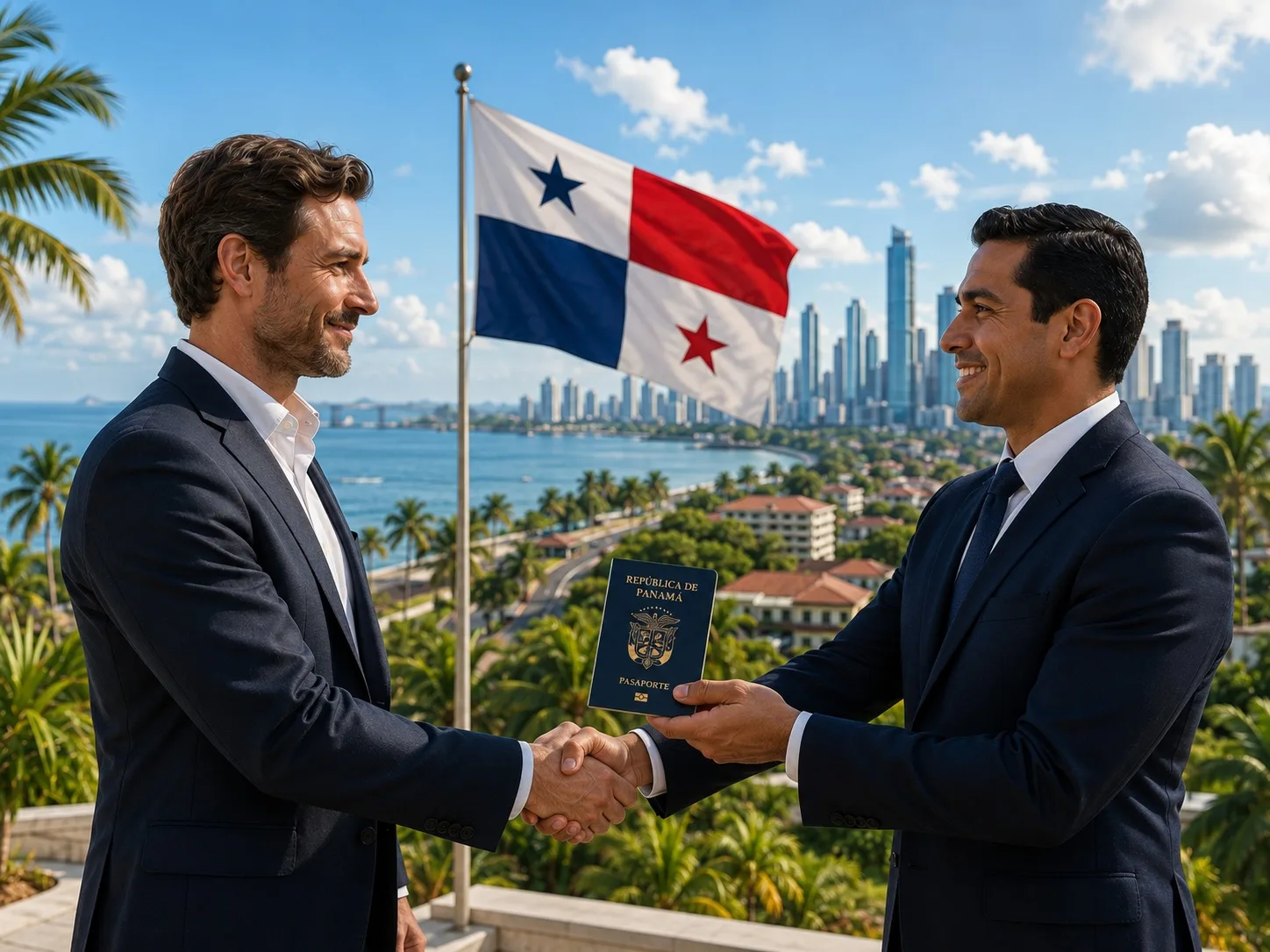 Deux hommes en costume se serrent la main en tenant un passeport de la République du Panama ; derrière eux, le drapeau panaméen, la baie et la skyline de Panama City.