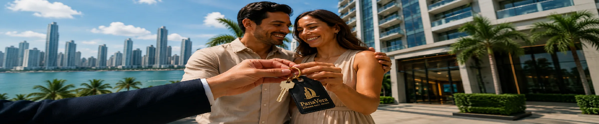 Handing the keys of a new apartment to a couple at the entrance of their building