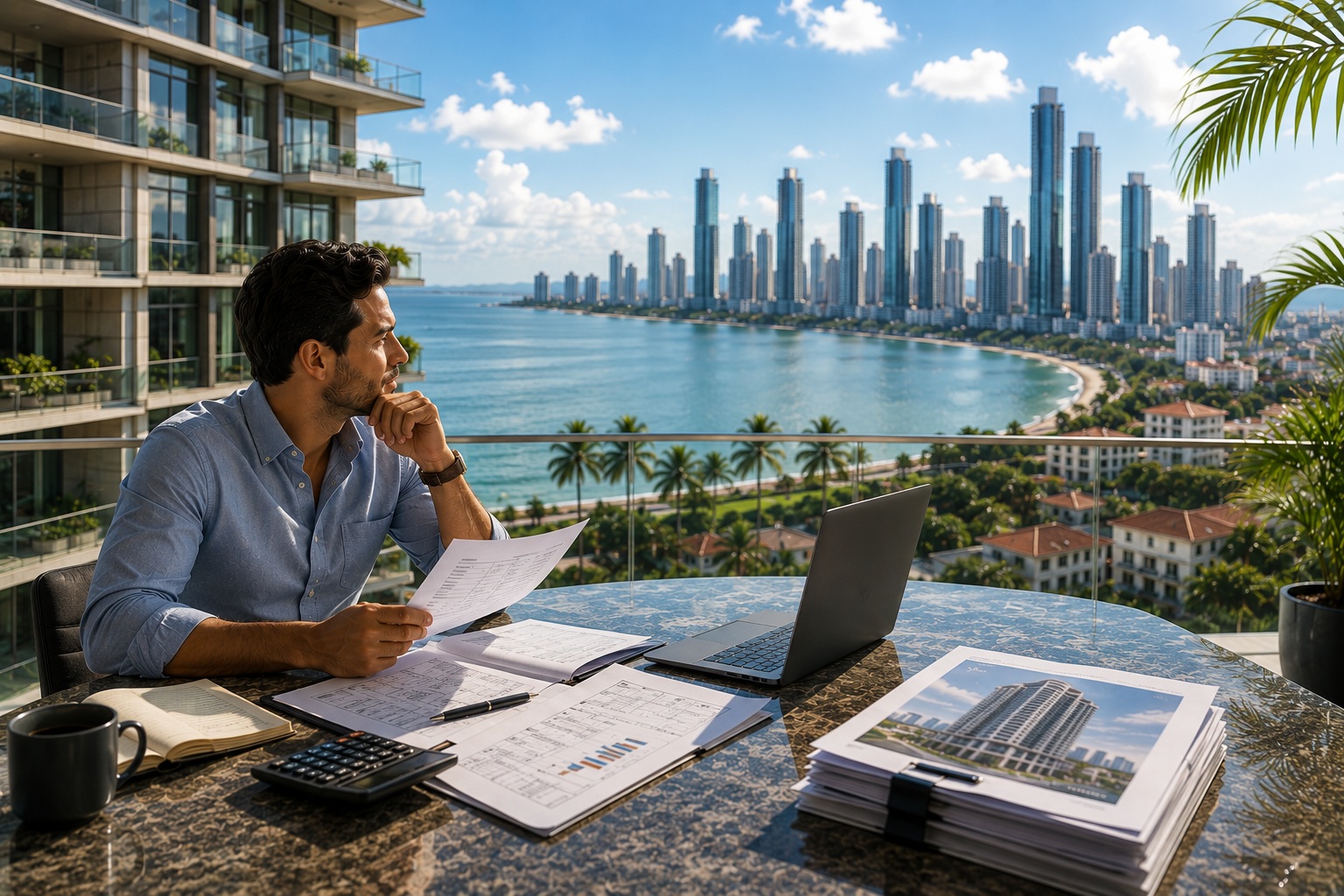Person reviewing finances on a laptop by the city skyline
