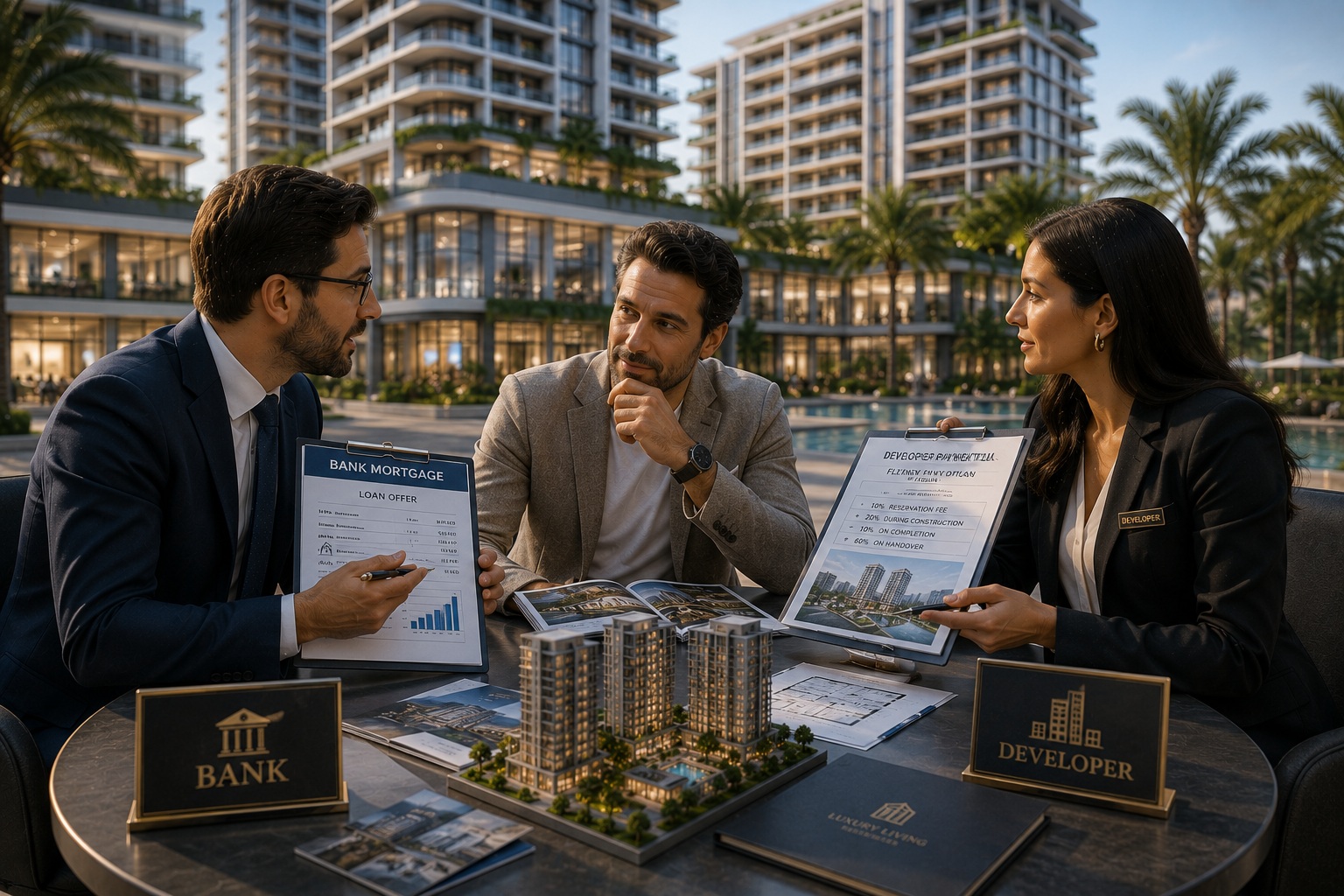 Team reviewing a building model and payment plan