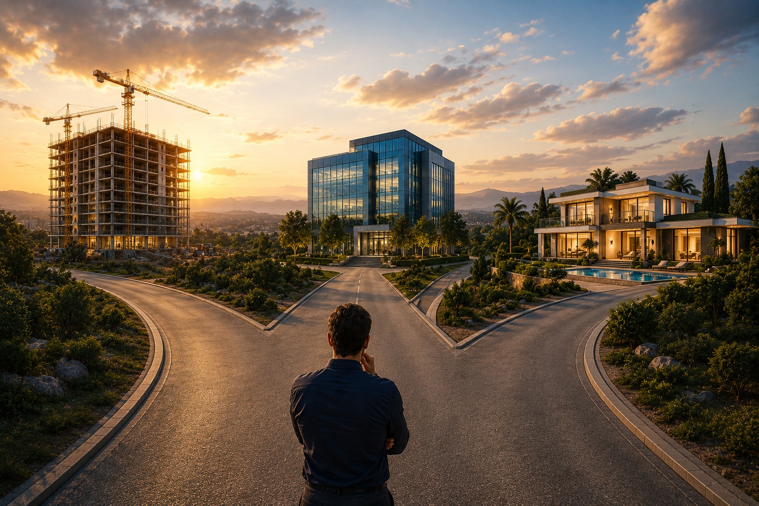 Building at sunset with a fork in the road