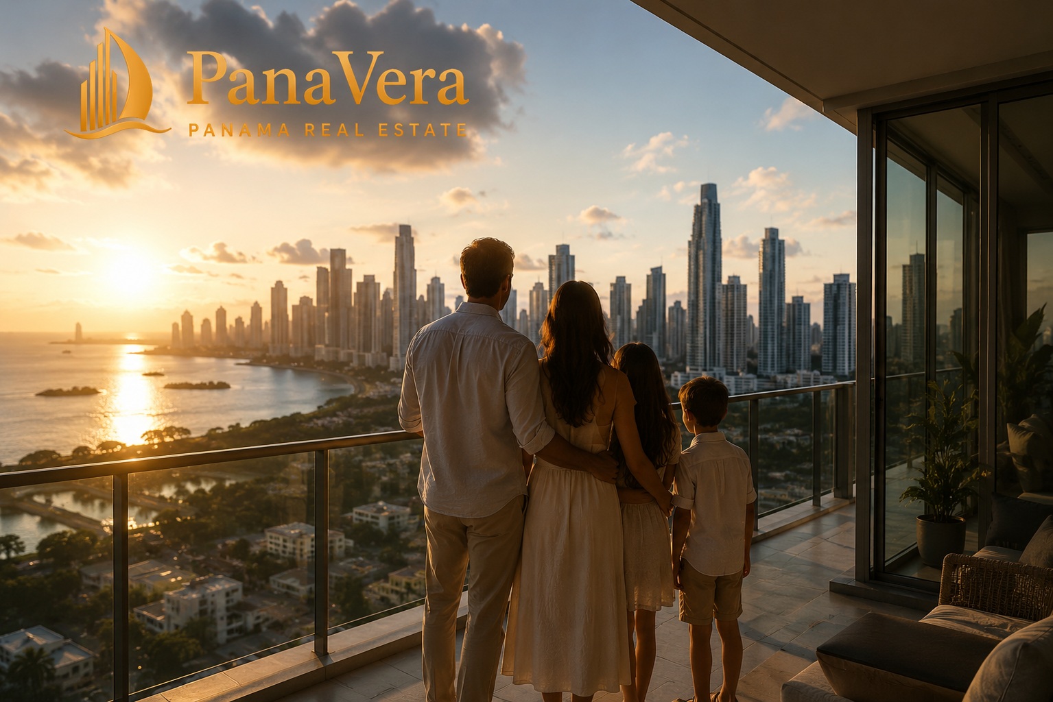 A couple against the Panama City skyline at sunset