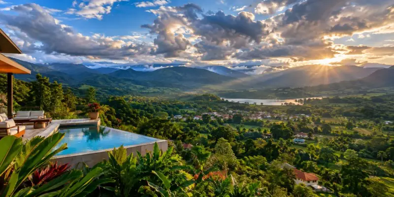 Piscina y terraza con vistas al valle, a un pueblo y a un lago bajo el sol bajo