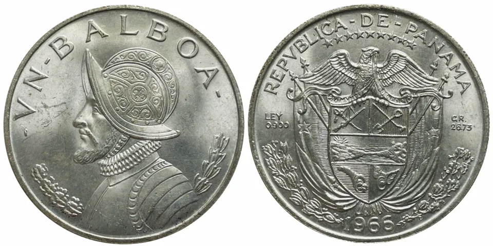 A silver one-balboa coin from 1966: Balboa in profile and the coat of arms of Panama