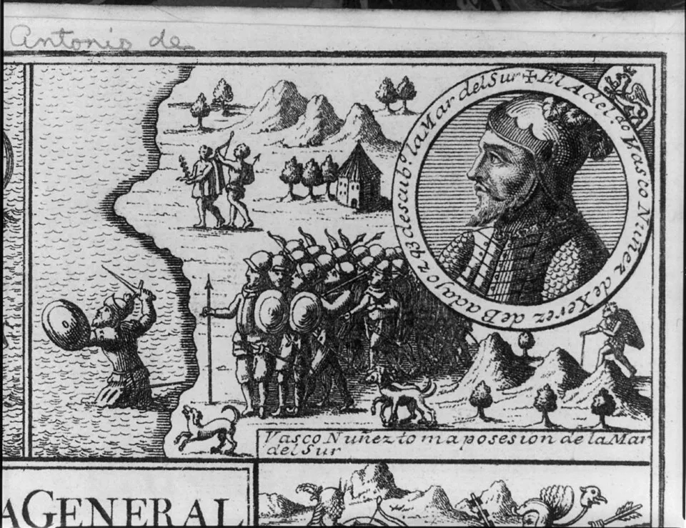 An old engraving: Vasco Núñez de Balboa and his men at the South Sea