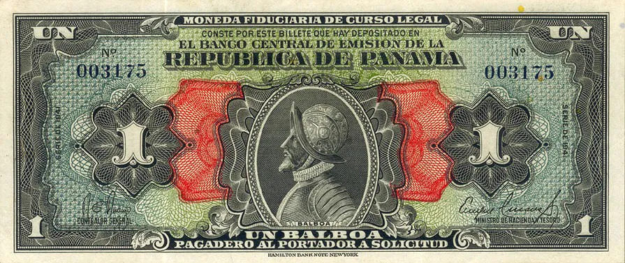A one-balboa banknote from 1941 bearing the portrait of a conquistador