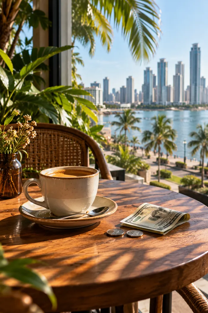 A cup of coffee and dollar bills on a café table with a view of the bay