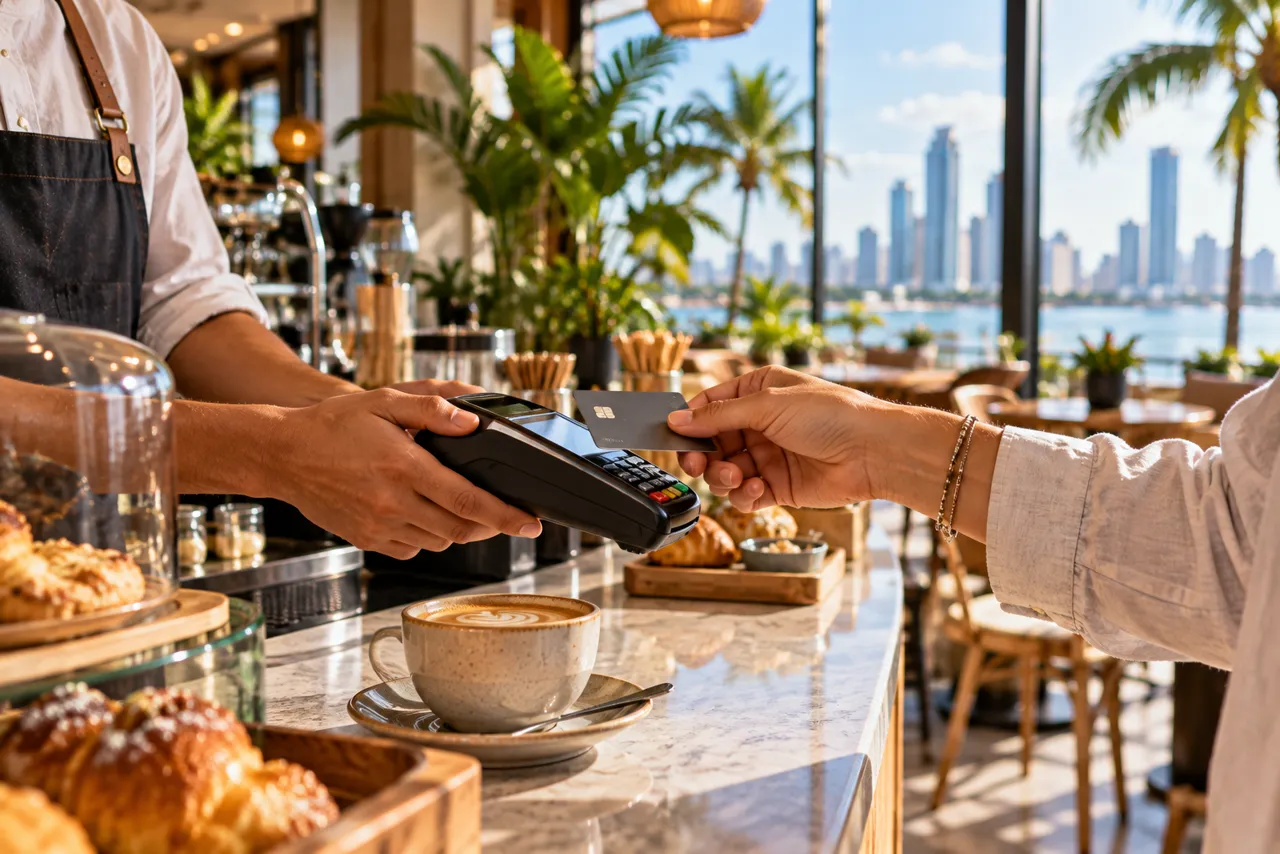Paying by card at a café counter with a view of the bay