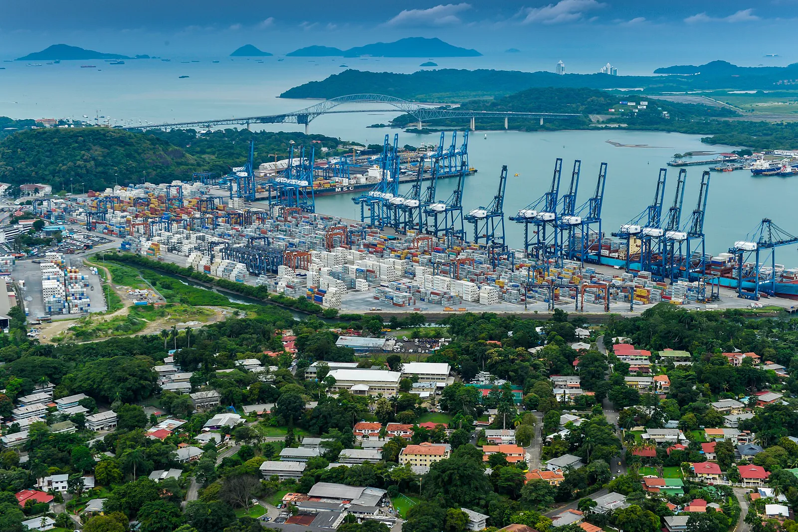 The Port of Balboa from the air: container terminal cranes at the Pacific entrance to the canal