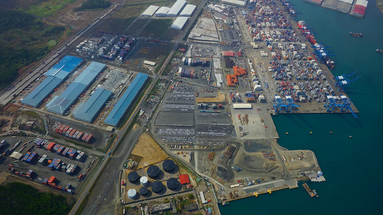 The Colón Free Zone from the air: warehouses, a container terminal and the Caribbean Sea
