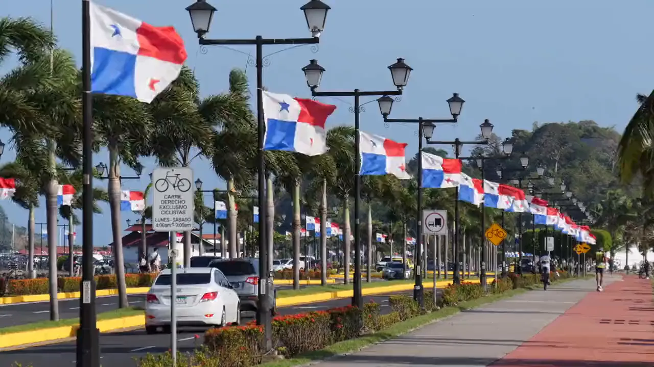 Panamaische Flaggen an Laternenmasten entlang eines palmengesäumten Boulevards in Panama-Stadt