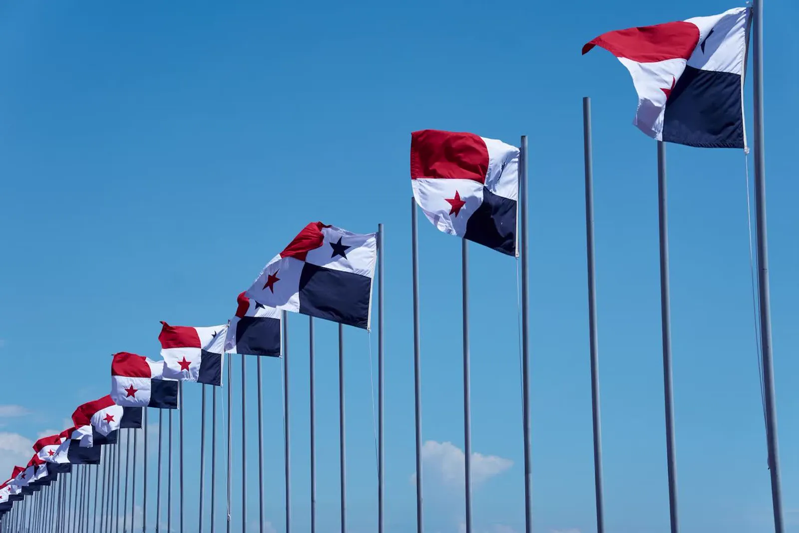 A row of Panamanian flags against a blue sky