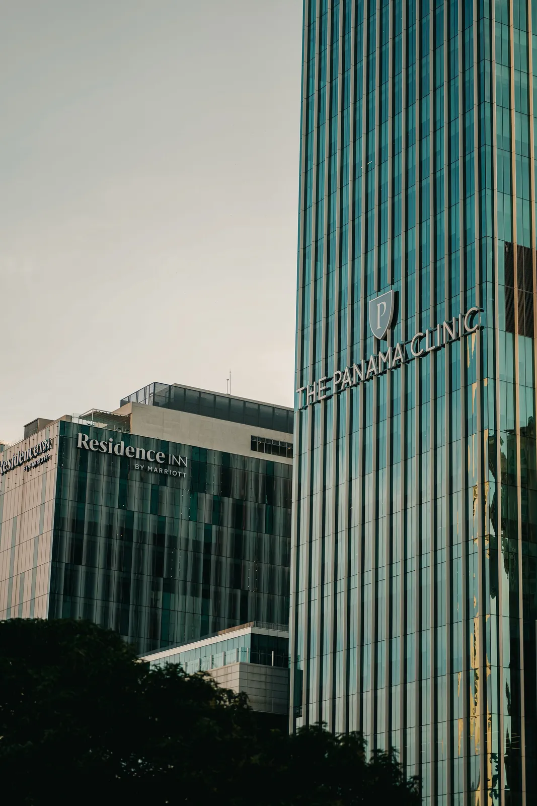 The glass tower of a medical center in Panama City
