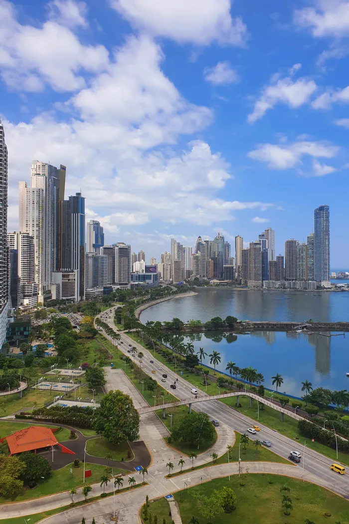The skyscrapers and waterfront of Panama City from above