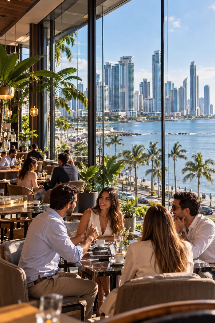 Friends talking at a café overlooking the Panama City skyline