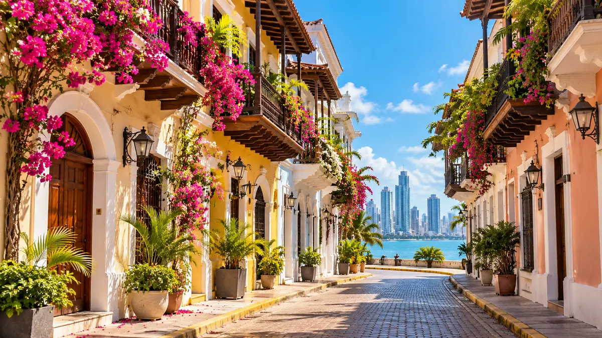 A street in the old town with bougainvillea on the balconies, the sea and the Panama City skyline at its end