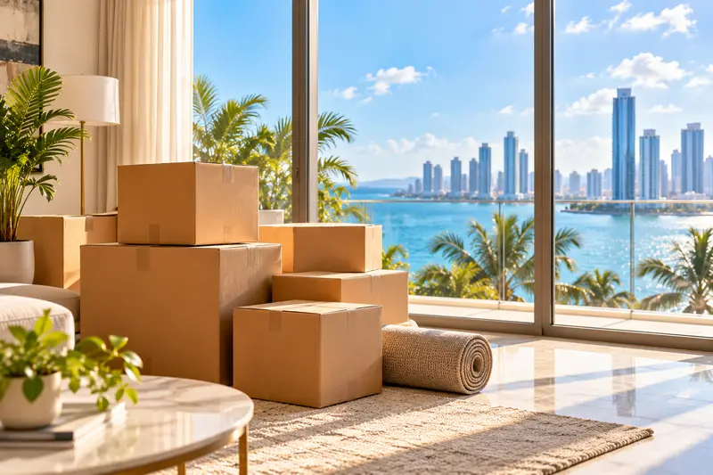Moving boxes, a rolled rug and houseplants in a new apartment, the bay and the skyline outside the window