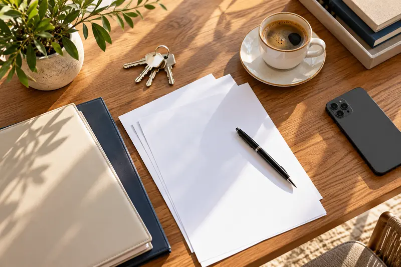 A desk by the window: blank sheets of paper with a pen, keys, a cup of coffee, folders and a phone