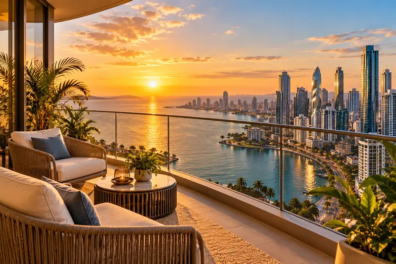 An apartment balcony with armchairs and plants, overlooking the bay and the Panama City skyline at sunset