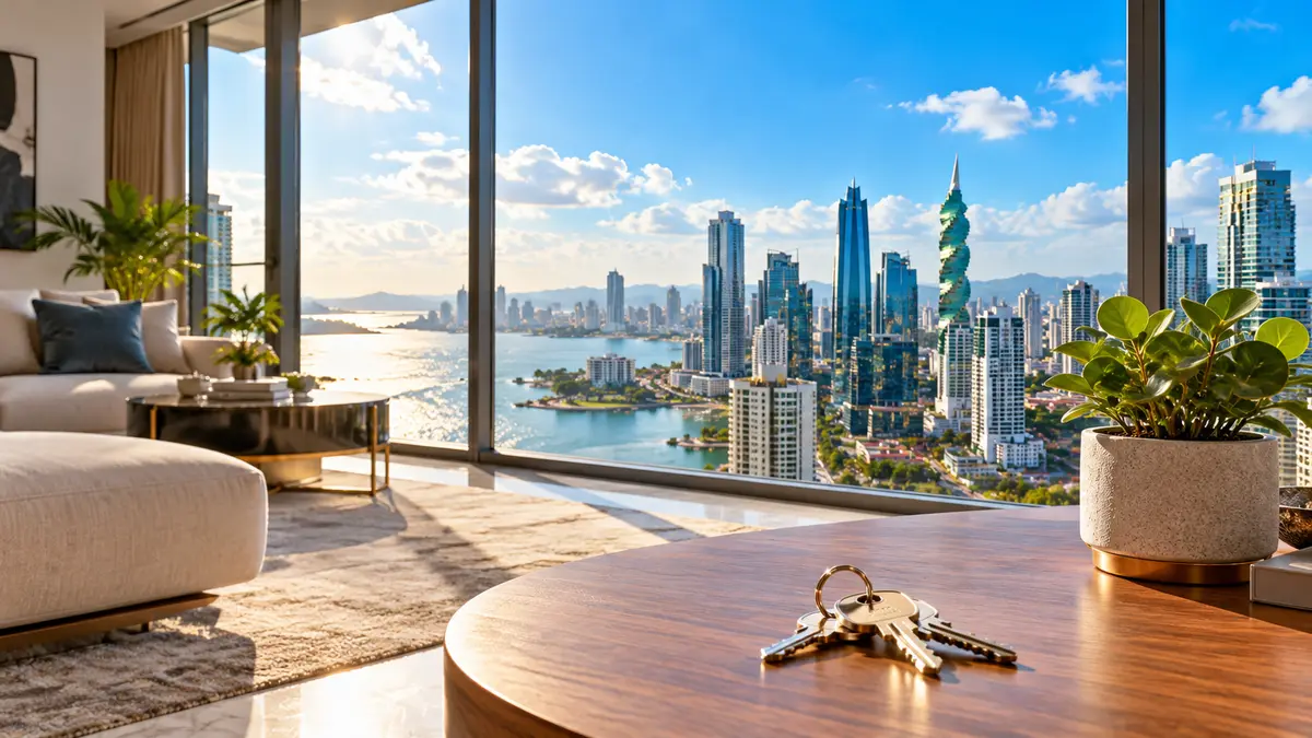 An apartment living room with a panoramic window onto the bay and the Panama City skyline, keys on the table