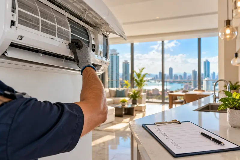 A technician in gloves opens the cover of an air conditioner in an apartment with a city view; a clipboard with a checklist lies on the counter