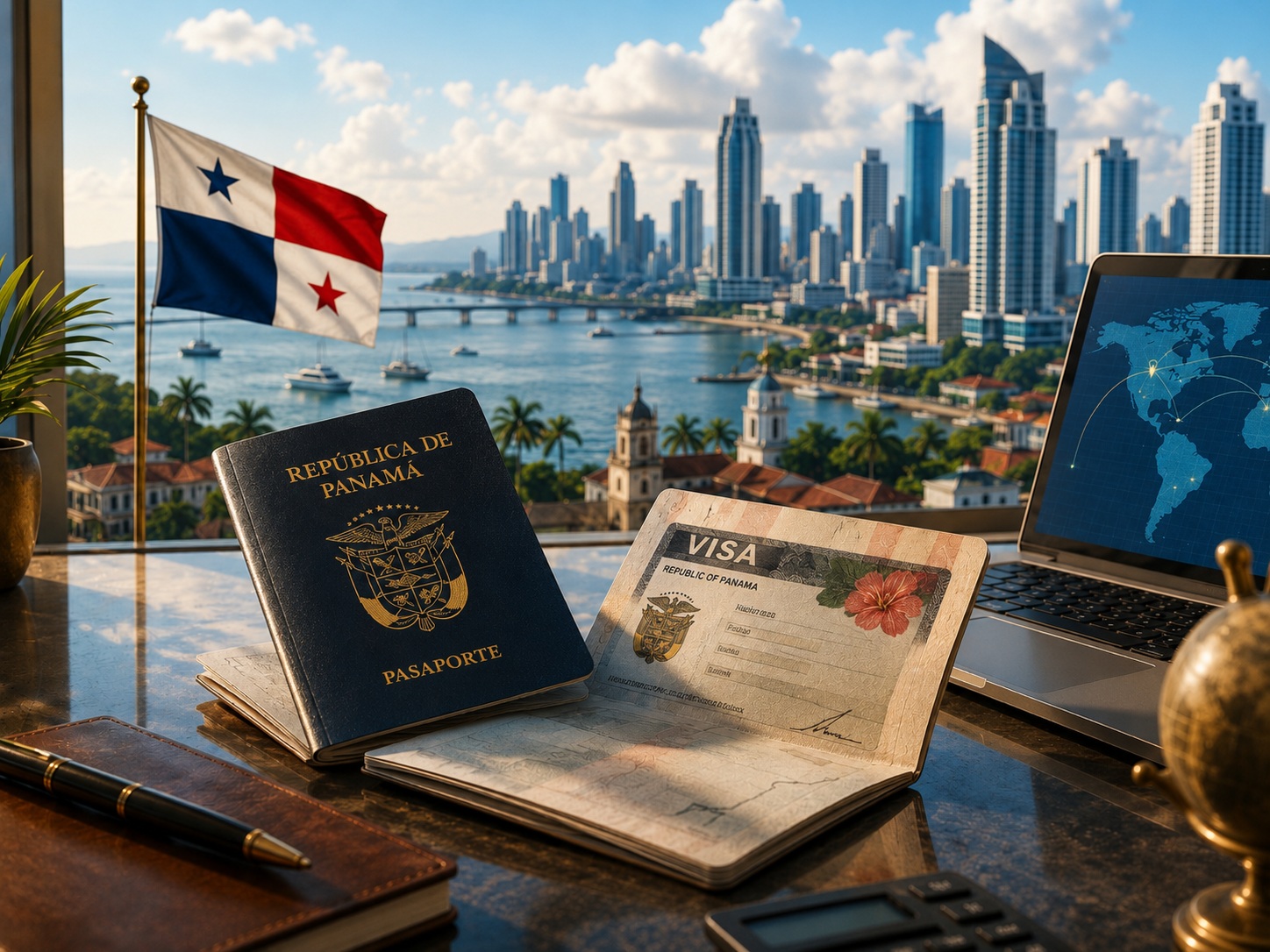 Panama passport, flag, and city skyline