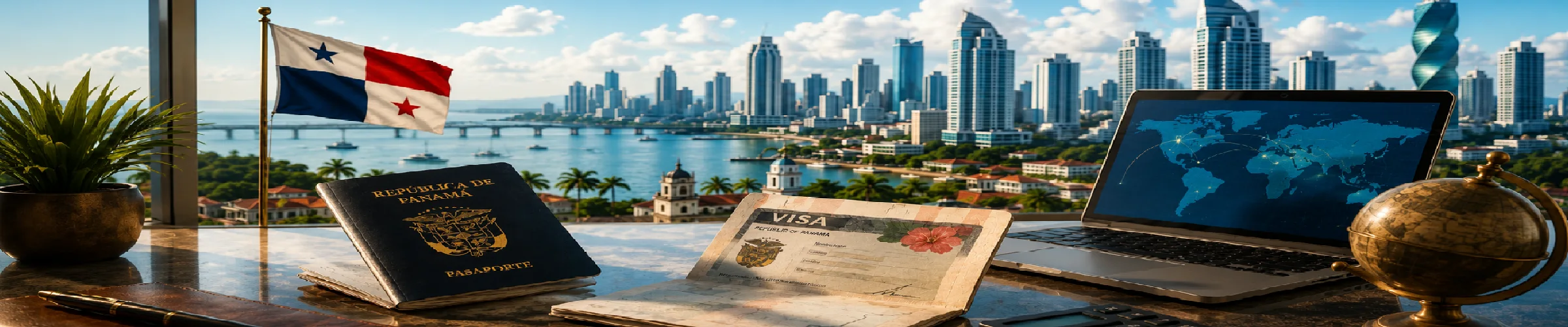 Bureau met Panamees paspoort, visum en laptop boven de skyline van Panama-Stad