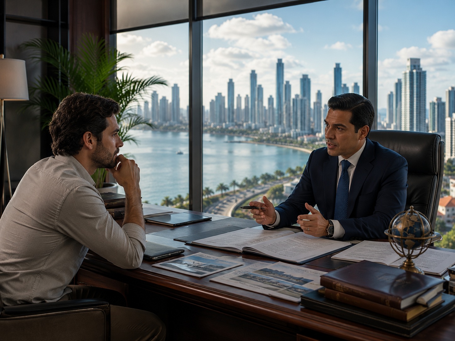 Consultation at a desk with the city skyline behind