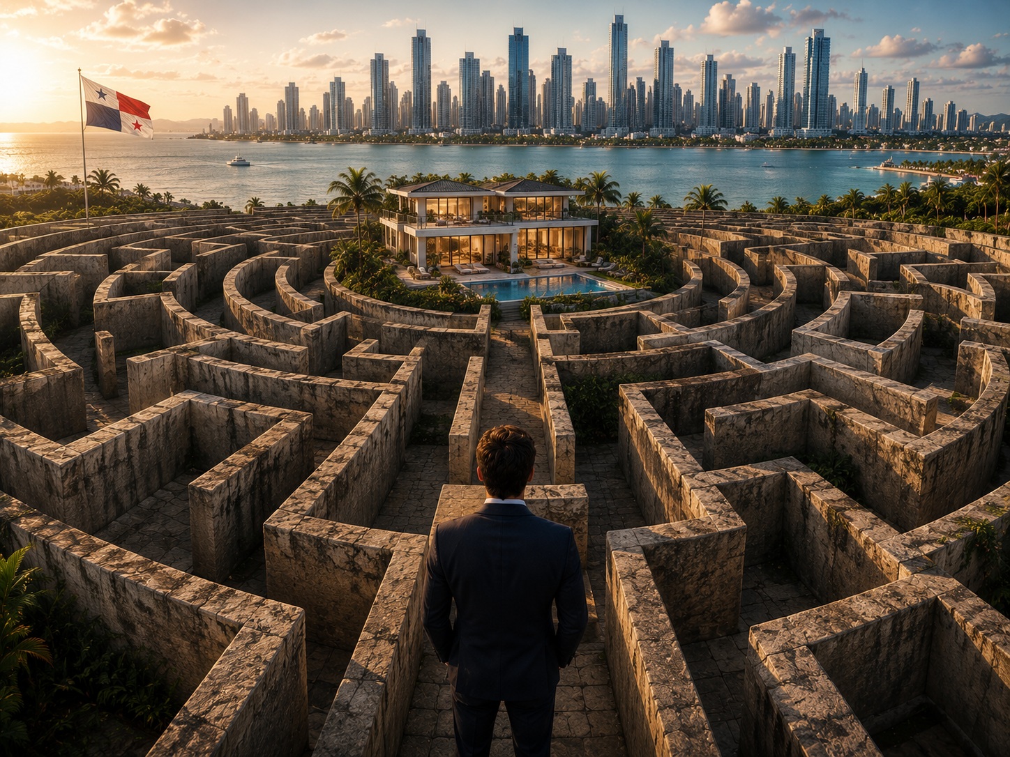 A person in a suit standing before a large maze