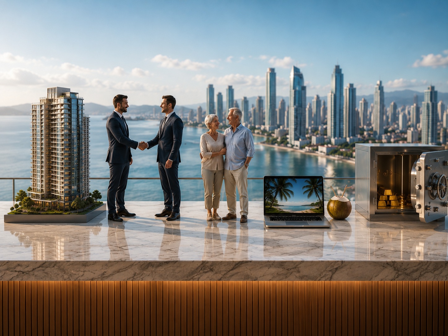 People shaking hands by a window over the city skyline