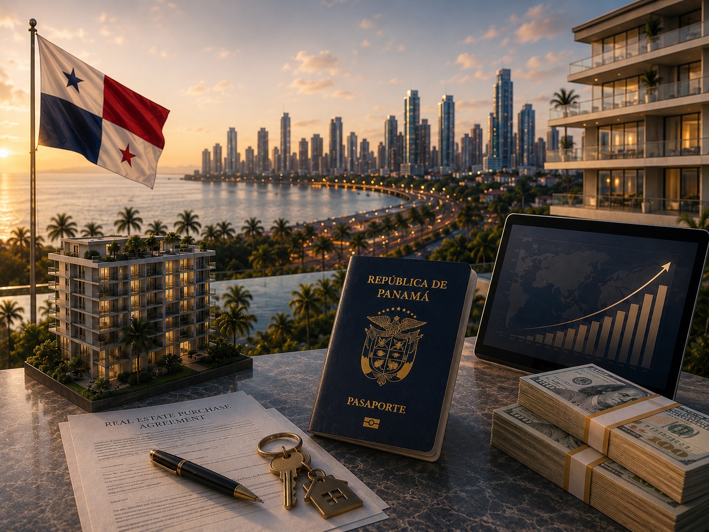 Panama flag, documents, and skyline