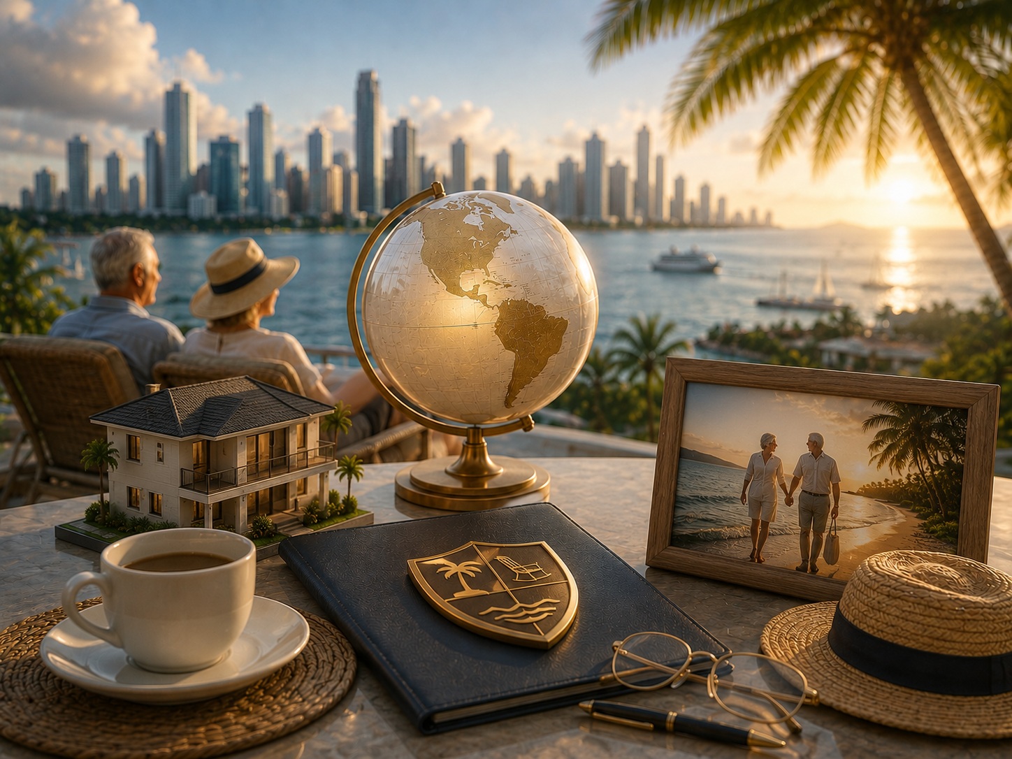 Globe, coffee, and city skyline at sunset