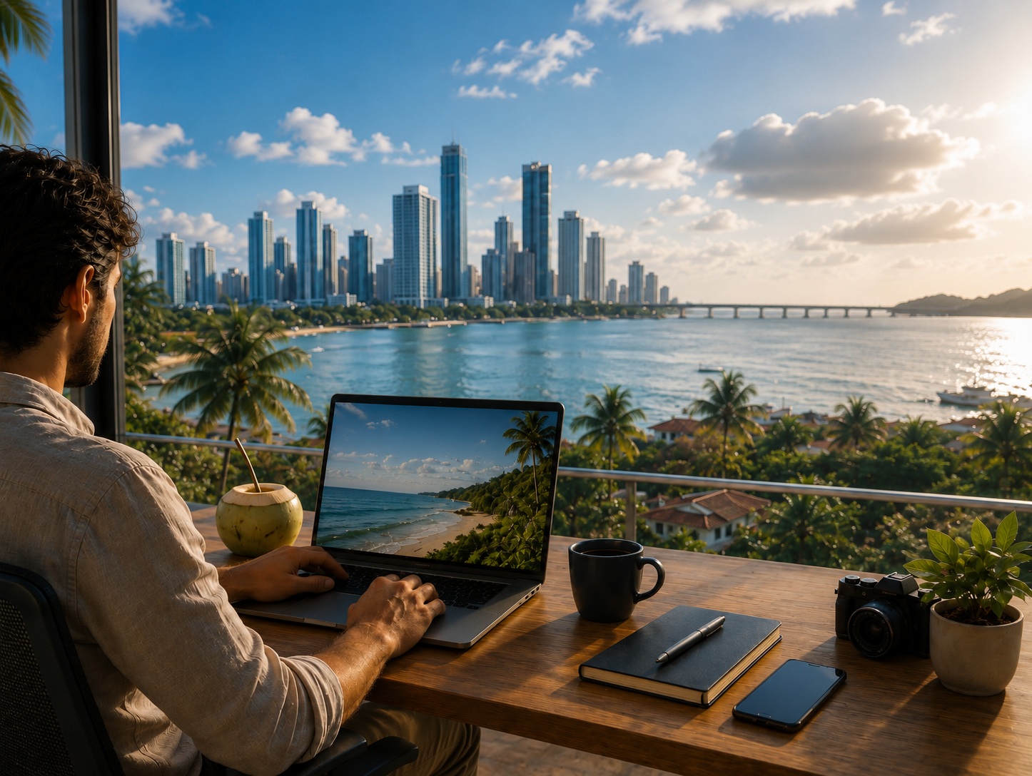 Woman working at a laptop by a window with a city view